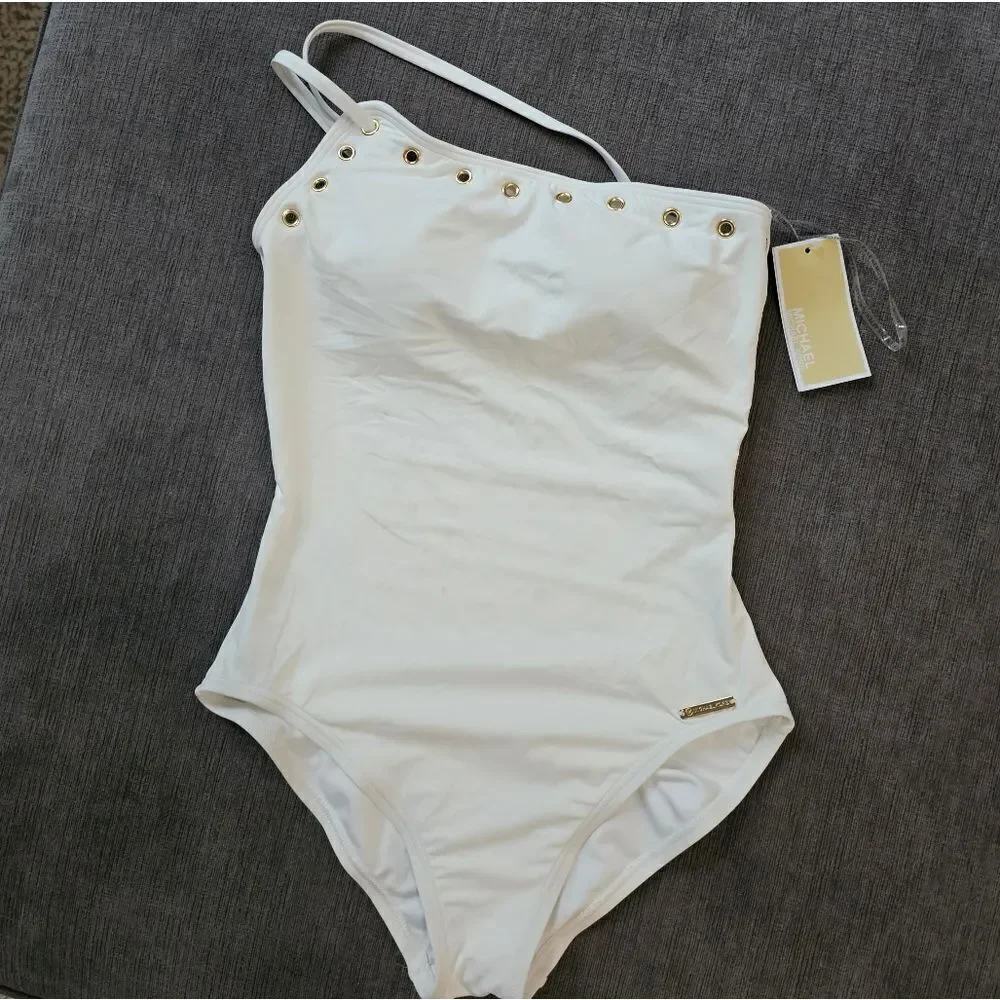 Michael Kors Size 6 strappy white One-Shoulder grommet women's Swimsuit